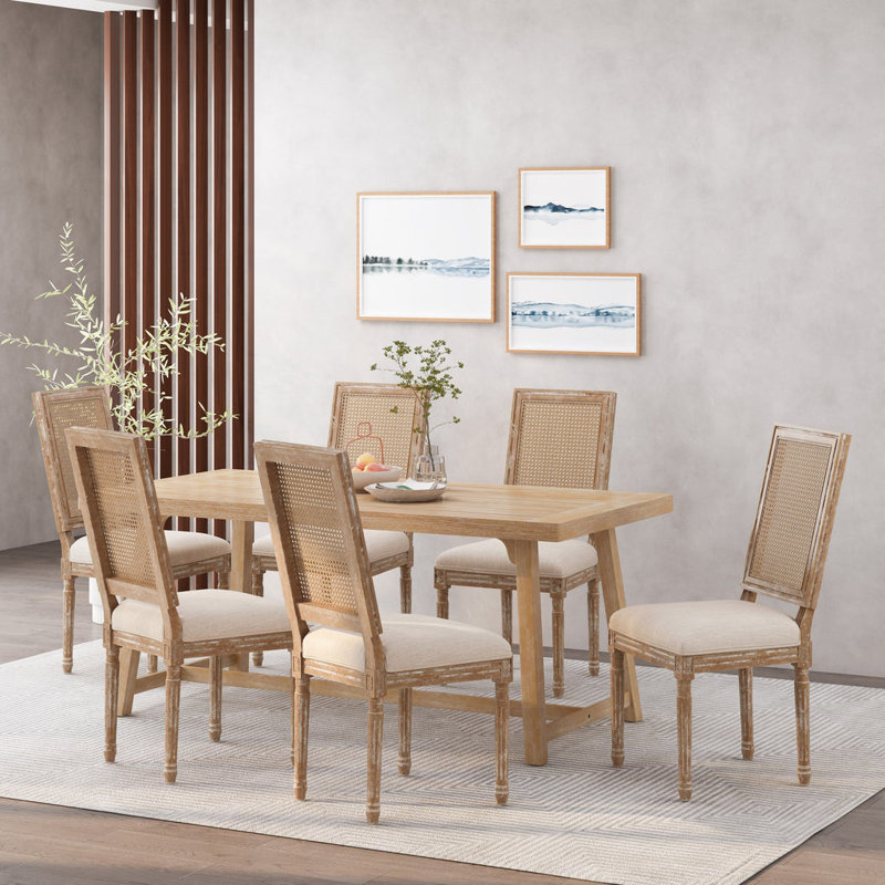 Chaise d'appoint de salle à manger rembourrée en bois d'hévéa avec dossier canne et pieds cannelés Jorisse, Natural, 6, Beige