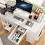 Bureau d'ordinateur 47 po avec 7 tiroirs en tissu et une prise de courant, blanc moderne pour tiroirs de jeux vidéo rectangulaires