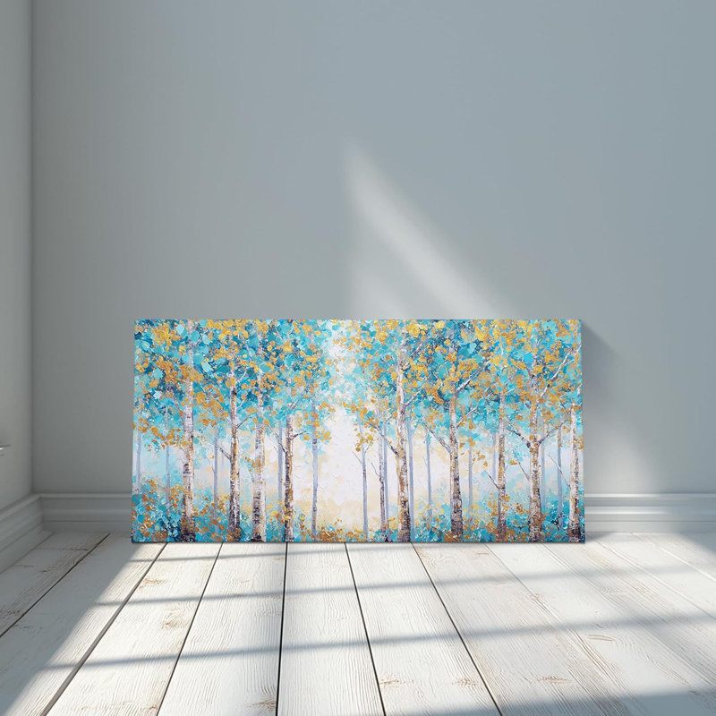 Grand art mural en toile de forêt de bouleau blanc pour le salon, art mural d'automne doré, bleu sarcelle, impression de forêt, peinture, décoration murale, bureau de chambre à coucher, cuisine, bureau 24 po x 48 po