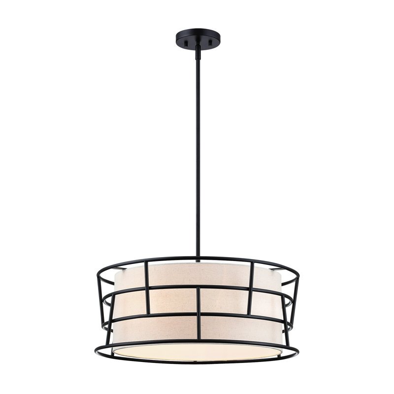 Beckles 60 Watt 3-Light Drum Pendant with Fabric Shade and Metal Outer Cage, Matte Black