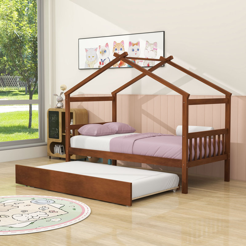 Wooden House-Shaped Bed With Sky Roof And Twin Pull-Out Trundle, Walnut, Twin