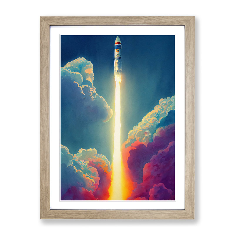 The Bright Spaceship Rocket - Single Picture Frame Print, 64cm H x 46cm W x 2cm D, Oak Framed