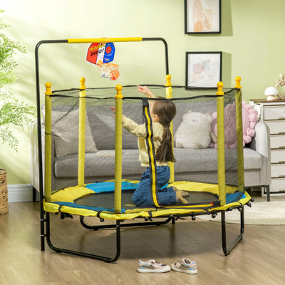 Trampoline pour enfants de 4,6 pi avec panier de basketball Qbar, barre horizontale, trampoline d'intérieur de 55 po avec filet, petits cadeaux de trampoline Springfree pour jouets d'enfants, 3 à 10 ans