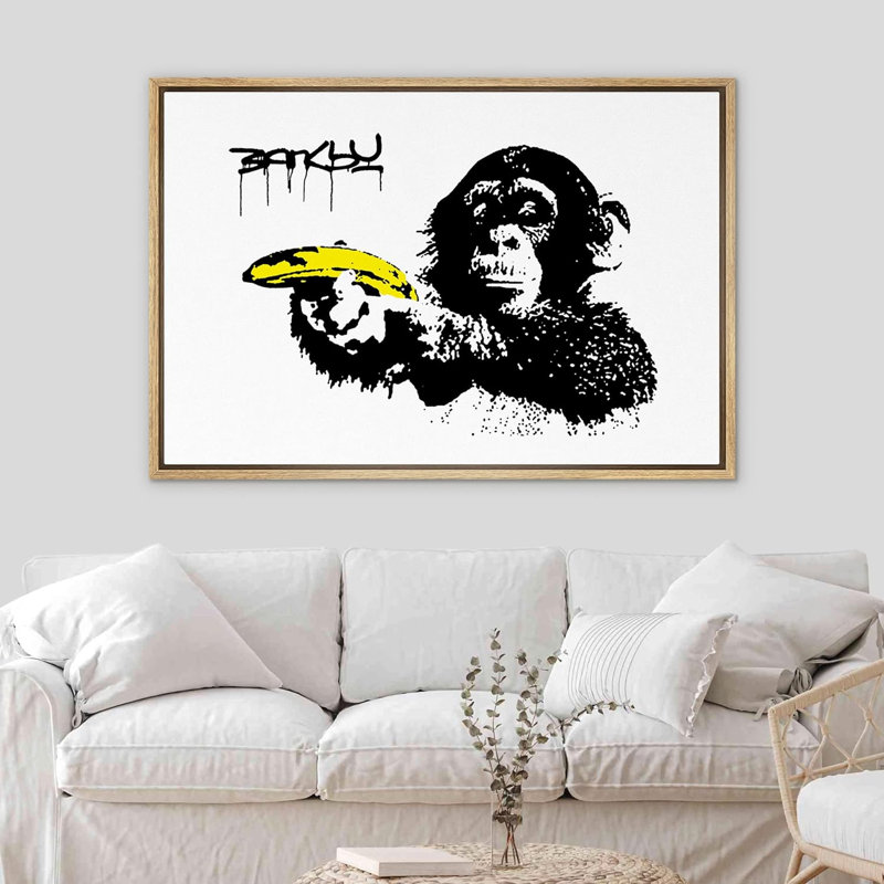 Singe Banksy avec banane, H 16 po x l 24 po x P 1,5 po, Cadre flottant naturel