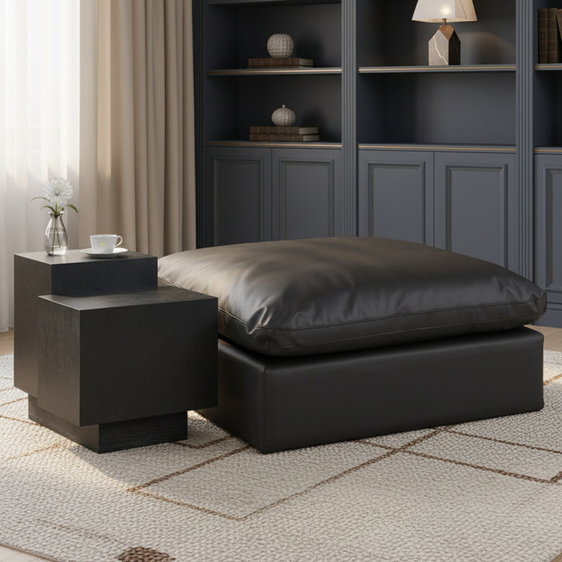Hirrah 40" Wide Vegan Leather Rectangle Standard Ottoman, Black Vegan Leather