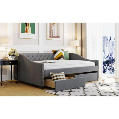 Elegant Daybed With Two Drawers, Upholstered In Gray, Solid Base Gray Strong Build System