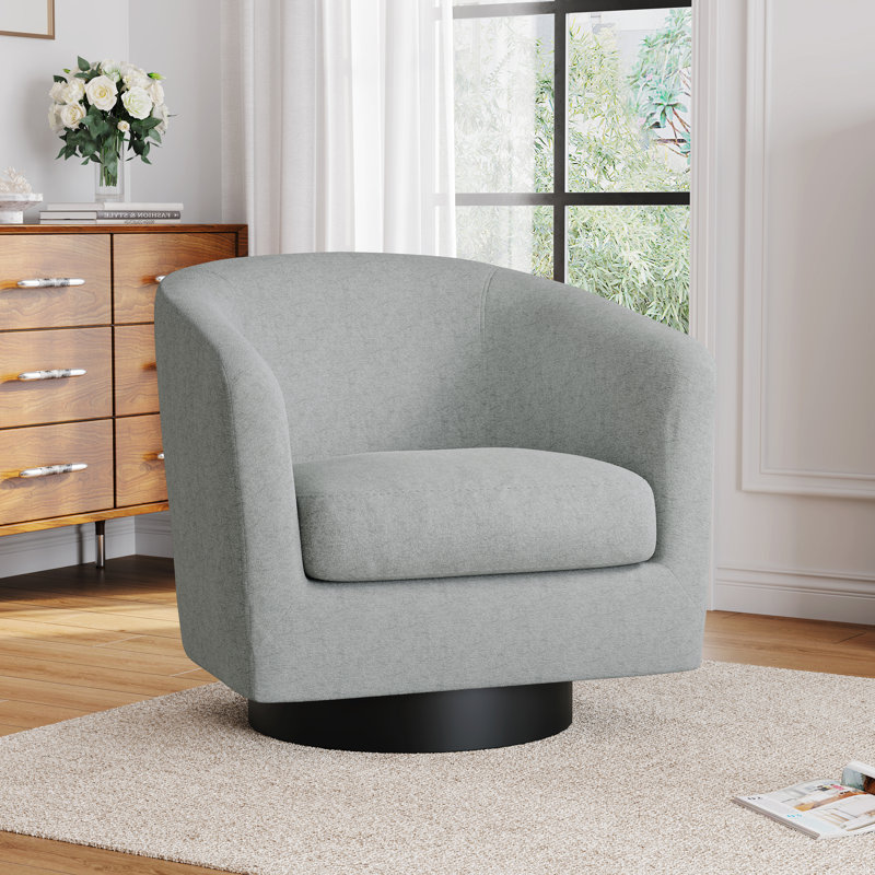 Upholstered Swivel Barrel Chair With Solid Wood Base, Light Grey
