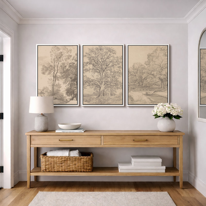 «Rustic Countryside», croquis rétro, arbre de forêt, œuvre d'art de campagne française classique neutre, impression sur toile encadrée, 3 pièces, 16 po x 24 po x 3 pièces, 24 po x 36 po x 3 pièces