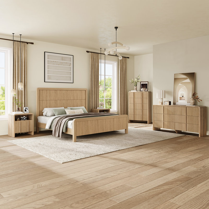 Ensemble de chambre à coucher 4 pièces à grain de bois moderne avec lit plateforme, commode à 5 tiroirs et table de chevet * 2, double, beige