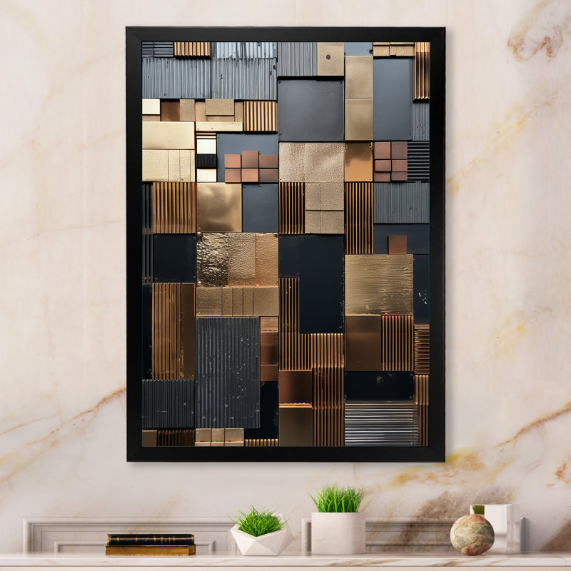 Carreau abstrait brun, charme mosaïque - tuile abstraite, art mural, Cadre flottant doré, H 32 po x l 16 po x P 1 po