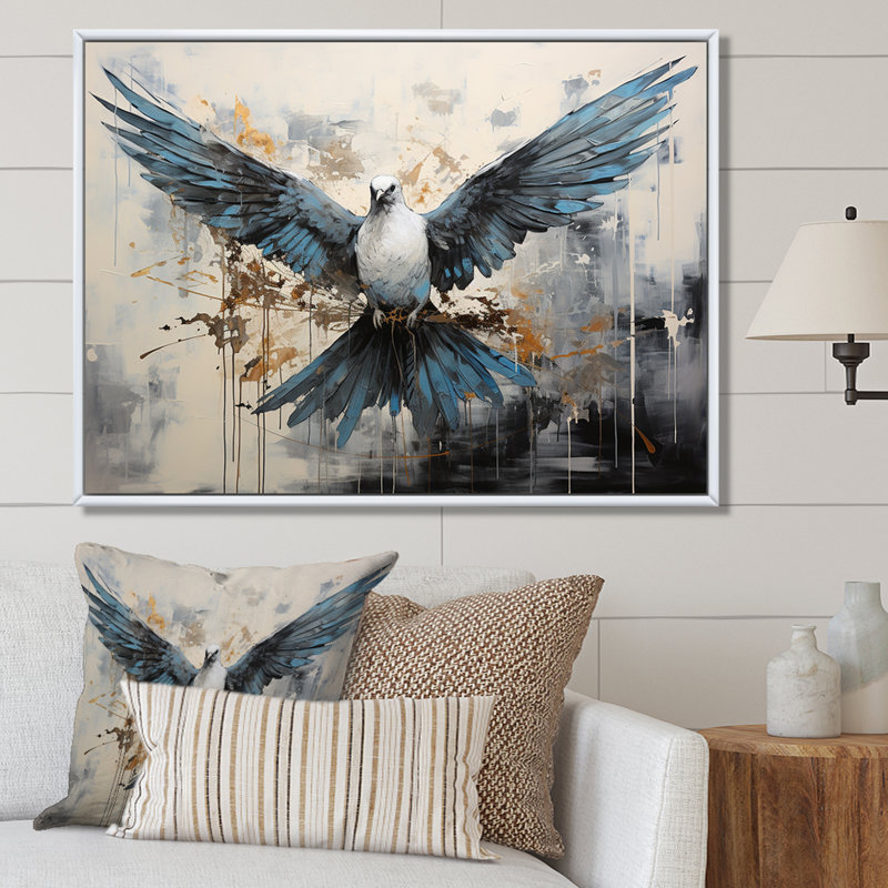 Minimalisme bleu colombe - salon d'art mural colombe, H 30 po x l 40 po x P 1,5 po, Cadre naturel flottant