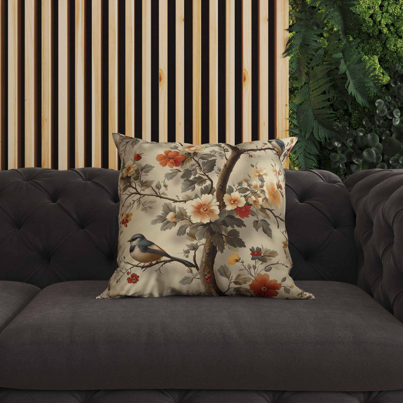 Coussin intérieur / extérieur Deux oiseaux et fleurs, Beige, Carré 16 po