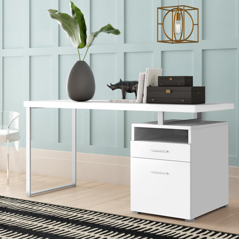 Kornegay Computer Desk, Home Office, Laptop, Left, Right Set-up, Storage Drawers, 60"L, Work, Metal, White, Silver