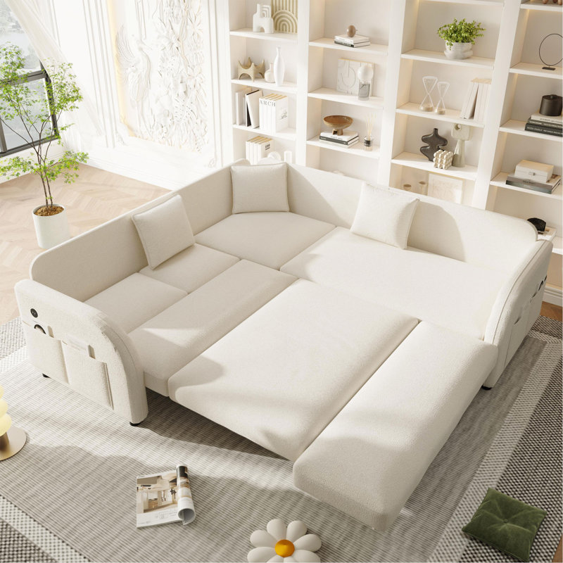 Canapé-lit en forme de L de 85,1 po avec lit escamotable, canapé-lit convertible surdimensionné avec poche latérale et port USB, canapé modulaire rembourré Teddy, pour salon, appartement, bureau