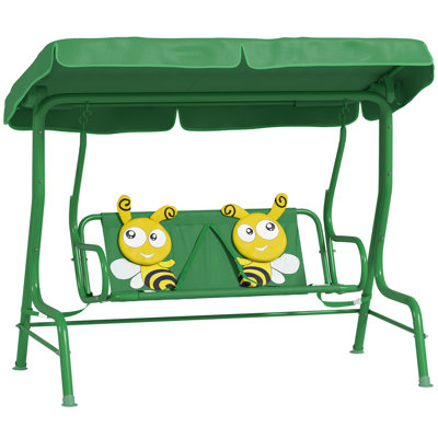 Kids Patio Swing, 2-Seater Outdoor Porch Swing Bench with Adjustable Canopy, Safety Belt for Patio, Garden, Poolside, Balcony, Dark Green