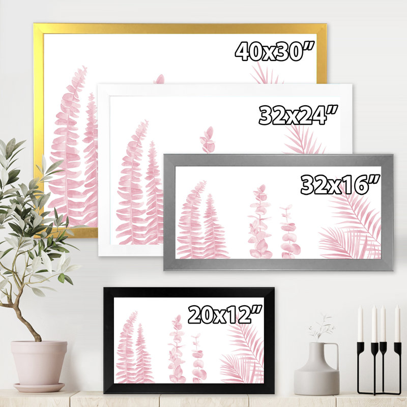 «Blush Pinkeucalyptus And Palm Branches», reproduction d'art sur toile, H 24 po x l 32 po x P 1 po, Encadrement doré