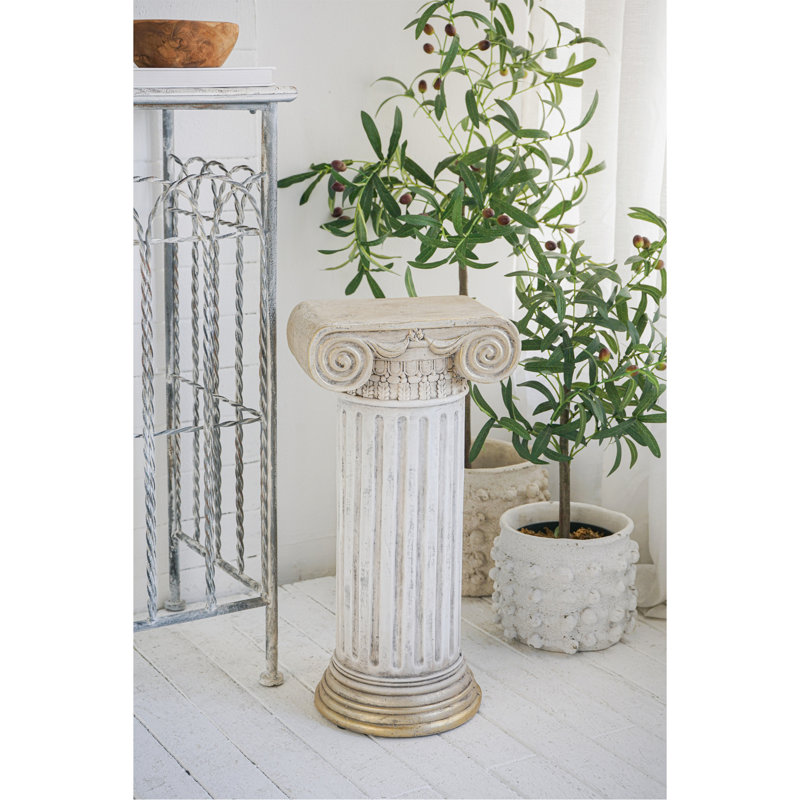 Meuble piédestal 10 po x 8,5 po x 20,5 po en magnésium blanc antique avec colonne nervurée et base dorée