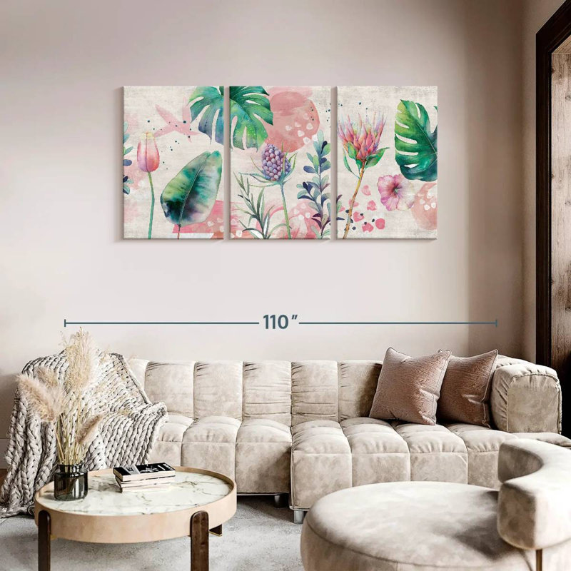 Ensemble de 3 pièces florales et botaniques avec jolies fleurs tropicales sur toile, H 39 po x l 80 po x P 1,25 po