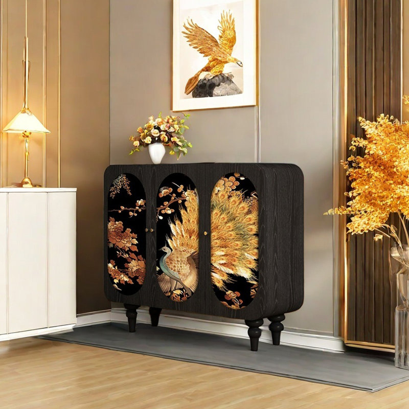 Gold silk peacock design solid wood sideboard, Black