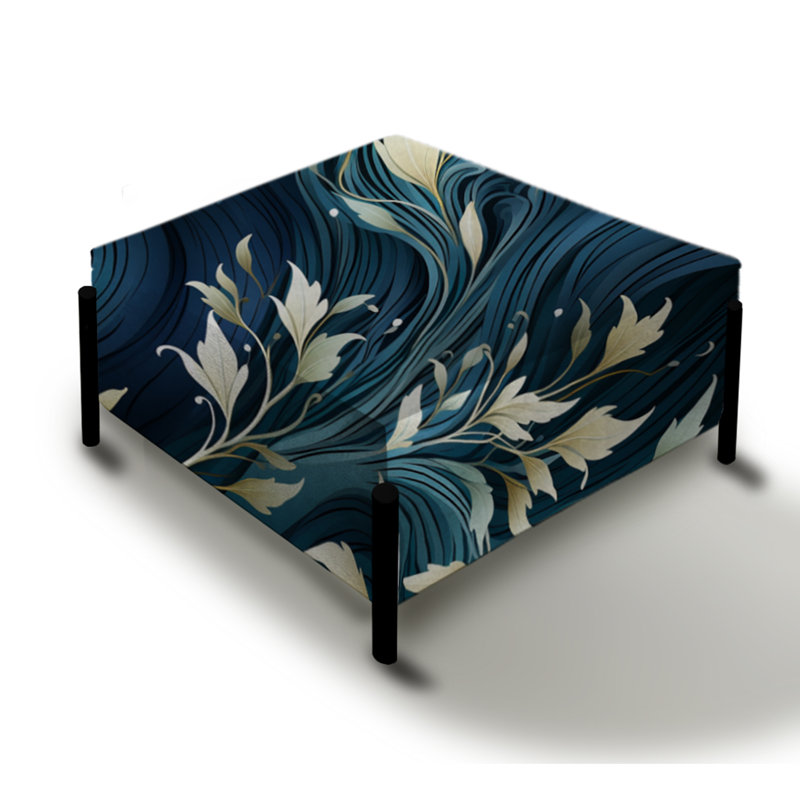 Grand repose-pieds carré blanc blanc et bleu avec motif de chênes blancs Zen Tranquility II