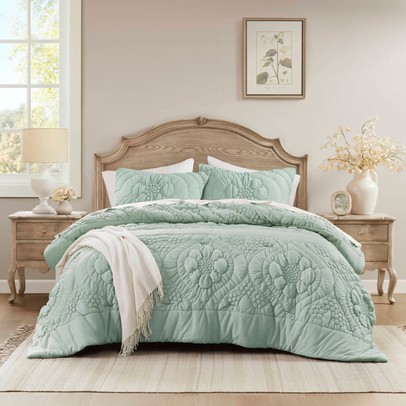 Ensemble d'édredon de style contemporain, Édredon très grand et 2 taies d'oreiller, Sauge