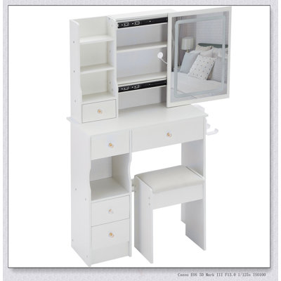 Table de coiffeuse compacte avec miroir à DEL coulissant, centrale électrique, support pour sèche-cheveux et tiroir de rangement pour les petites chambres