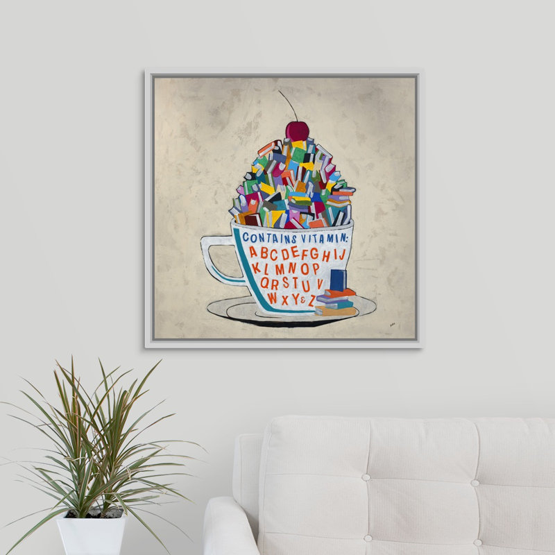 « vitamines a à z », peinture sur toile, H 25,7 po x l 25,7 po x p 1,75 po, Cadre flottant blanc