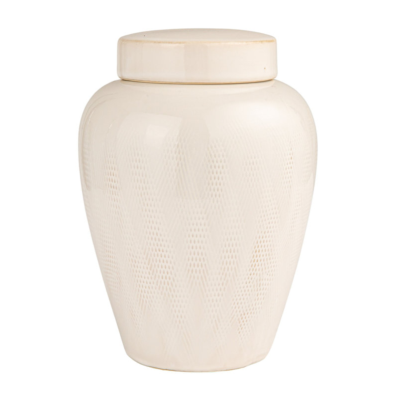 Large Decorative Debossed Stoneware Ginger Jar With Pattern, Lid And Reactive Glaze