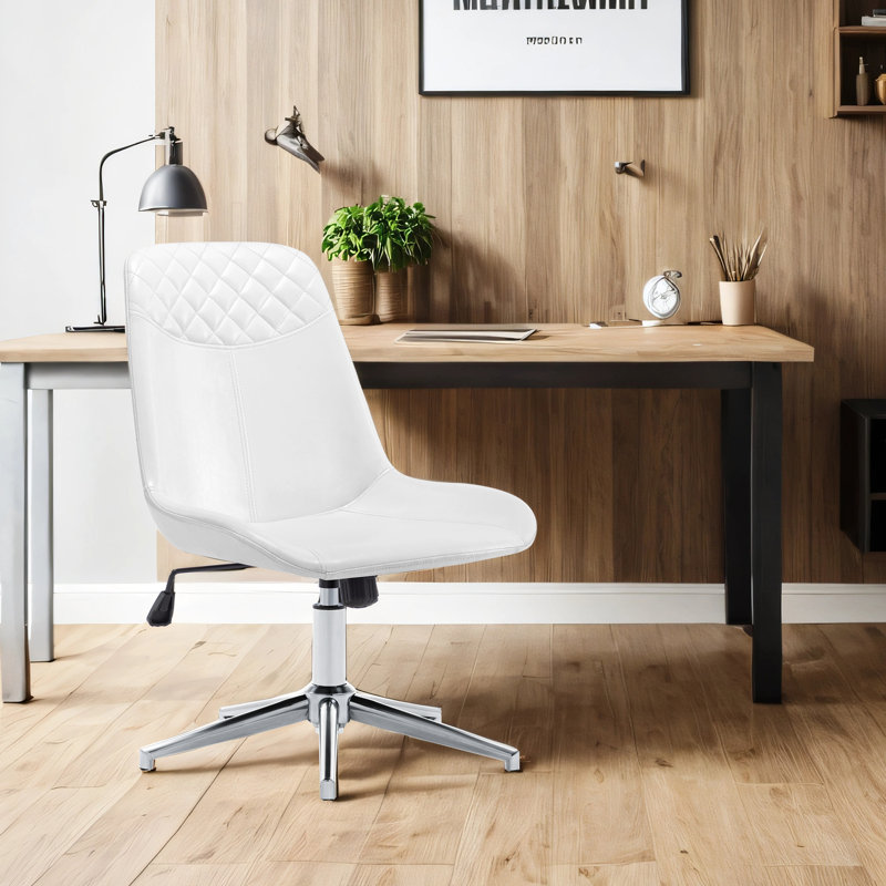  Chaise de bureau pivotante en cuir à hauteur réglable de 23 po de largeur avec dossier matelassé, Blanc, Chrome chrome