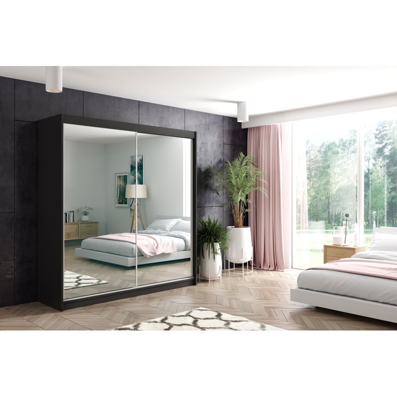 DEBA Wardrobe with Mirrored Sliding Doors, Black