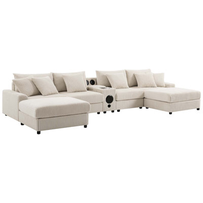 Canapé modulaire 144 * 64 po en velours côtelé avec haut-parleurs Bluetooth, canapé en U avec console, chargeur USB, porte-gobelets, rangement, repose-pieds, canapé à sièges profonds et larges pour salon et appartement