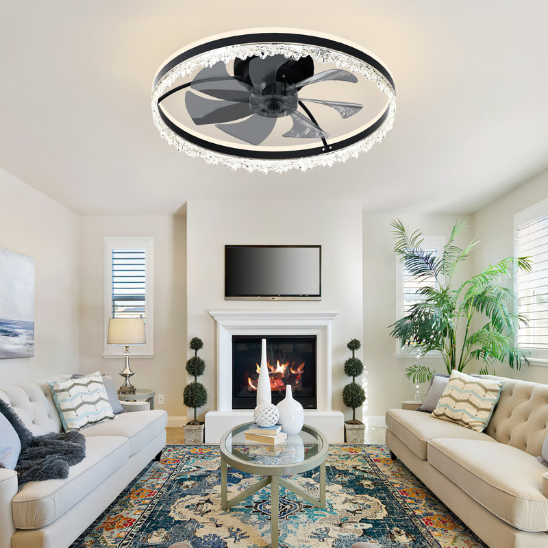 Ventilateur de plafond à DEL moderne 24 po avec télécommande et cristal, 23.6"