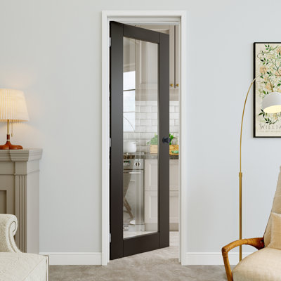 24" x 80" 1-Lite Black Clear Glass Interior Prehung Door with Round Knob and Silver Hinges, Clear Glass Door Slab, Sound-Dampening & Waterproof, Suit for Laundry, Closet Doors, Room Doors, Left Hand