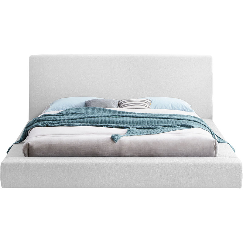 Grand lit à panneau Issaias, Tissu bouclé blanc, Double