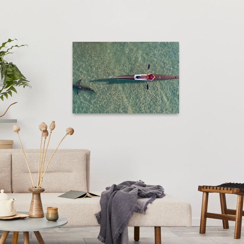 Kayak Shark Encounter Peaceful Abstract Contemporary Shark Nature Ocean Wall Art Print, 60.96cm H x 91.44cm W