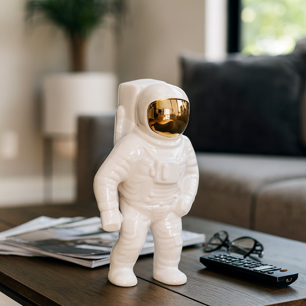 Stoneware Ceramic Astronaut Figurine - Modern Decorative Space-Themed Sculpture with Sleek Contemporary Aesthetic for Home or Office Decor Red Barrel Studio® 