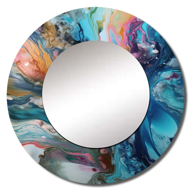 Bleu sarcelle turquoise Symphony - miroir mural abstrait, miroir décoratif rond bleu sarcelle, impression d'art en métal