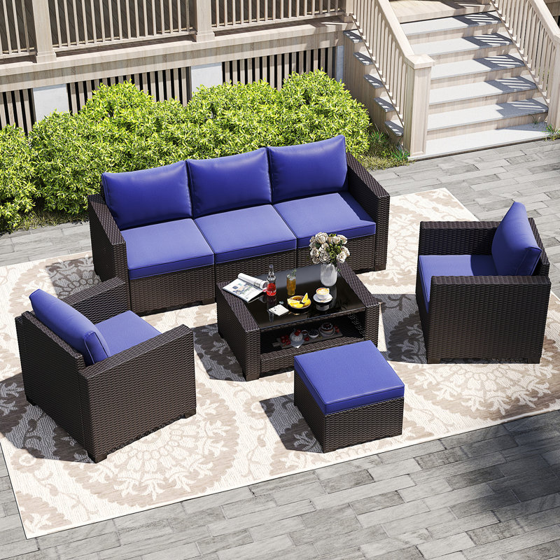 7-Piece Patio Furniture Sets,Conversation Set Sectional Sofa for Backyard, Poolside, Garden,Dark Blue, Dark Blue, Dark Coffee