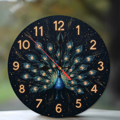 Peacock Clock Face With Golden Numbers