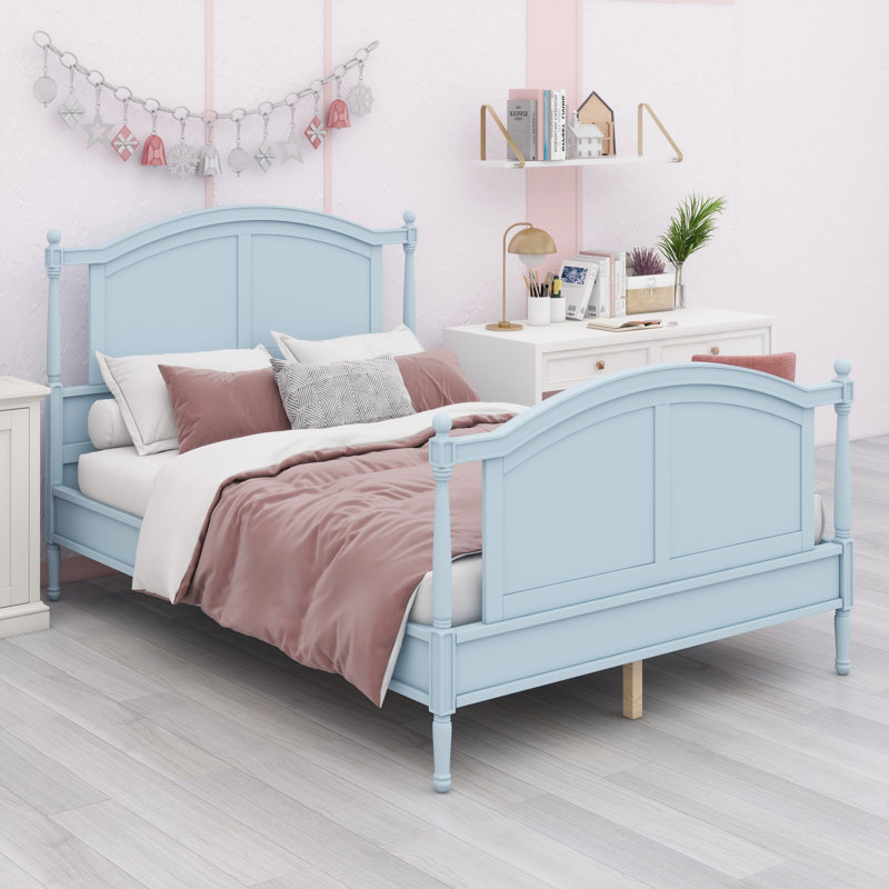 Lit en bois de style campagnard traditionnel avec tête de lit arquée et base de lit, Double, Bleu clair