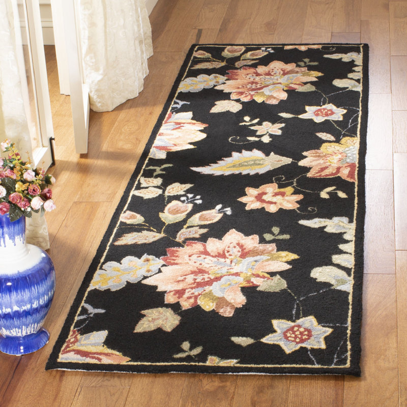 Tapis noir en laine crocheté à la main Hollander, Tapis de couloir 2 pi 6 po x 6 pi
