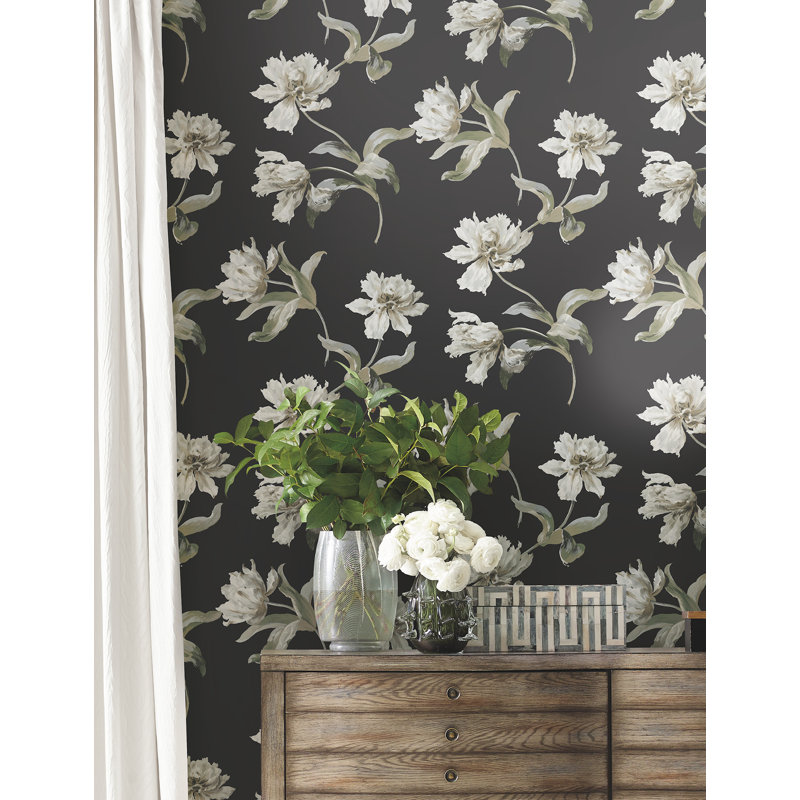 Grand papier peint floral perroquet tulipe, Noir, noir, noir, noir