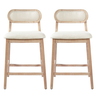 Alden 26.46" Seat Height Modern Wabi-Sabi Rubber Wood Counter Stools with Upholstered Backrest