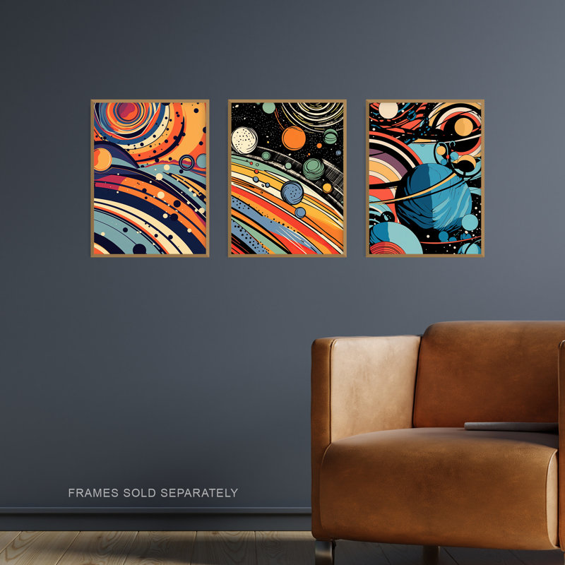Space Cosmos Planets Abstract Comic Book Style Kids Bedroom - 3 Piece No Frame Print Set, 29.7cm H x 21cm W x 0.4cm D