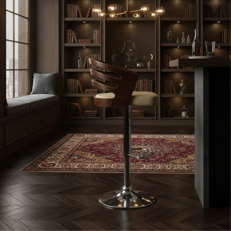 Adjustable Height Swivel Faux Leather and Wood Bar Stool with Chrome Base