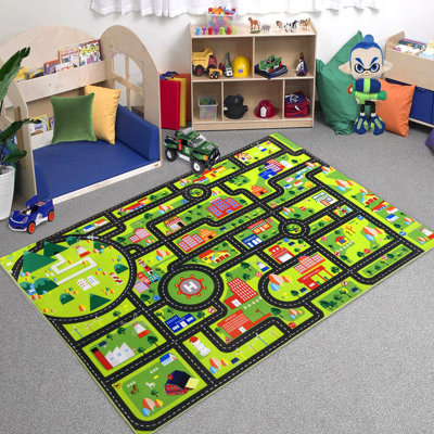 lxt-5x7 Area Rug for Playroom Machine Washable Stain-Resistant Learning Carpet Non-Slip Baby Children Play Mat with Roads Directions Buildings Indoor Playroom Game Carpet for Classroom