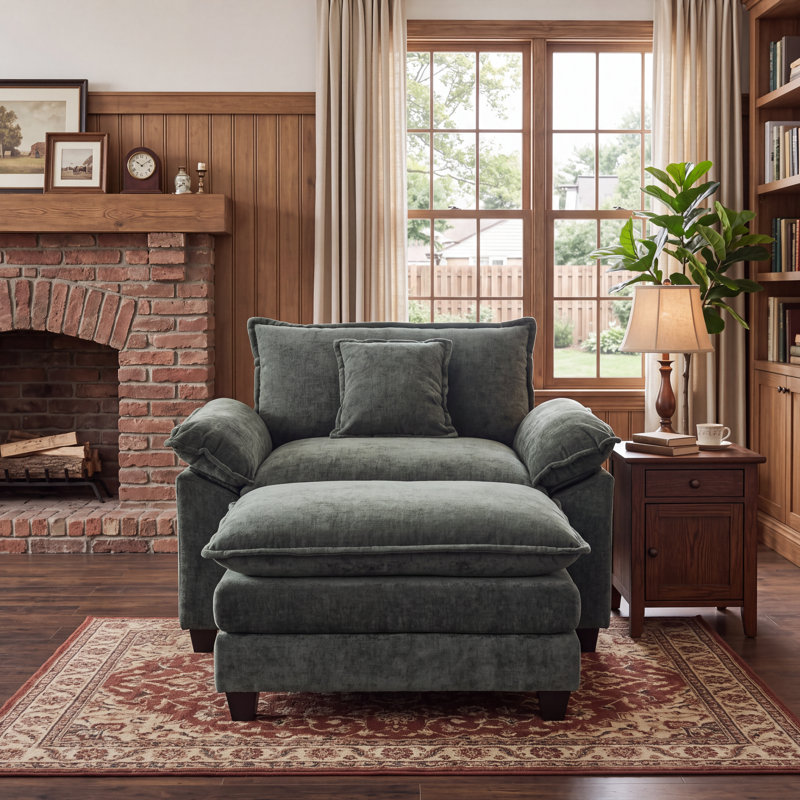 46.45" Wide Chenille Cloud Accent Chair with Ottoman, Oversized Deep Seat Lounge Chair with Pillow, Green