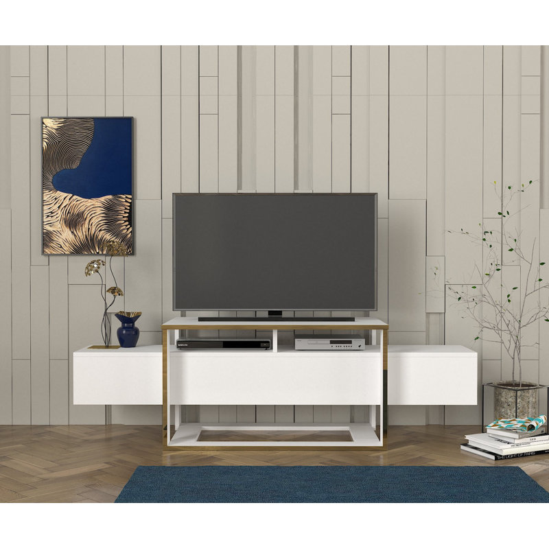 Modern TV Stand with Wall Mount Capability, White & Gold, 63.0 x 19.6 x 18.1 inches | 100% Melamine Coated Particle Board, 0.7 inches Thick | Multiple Shelves for Additional Storage, Stylish & Functional Design