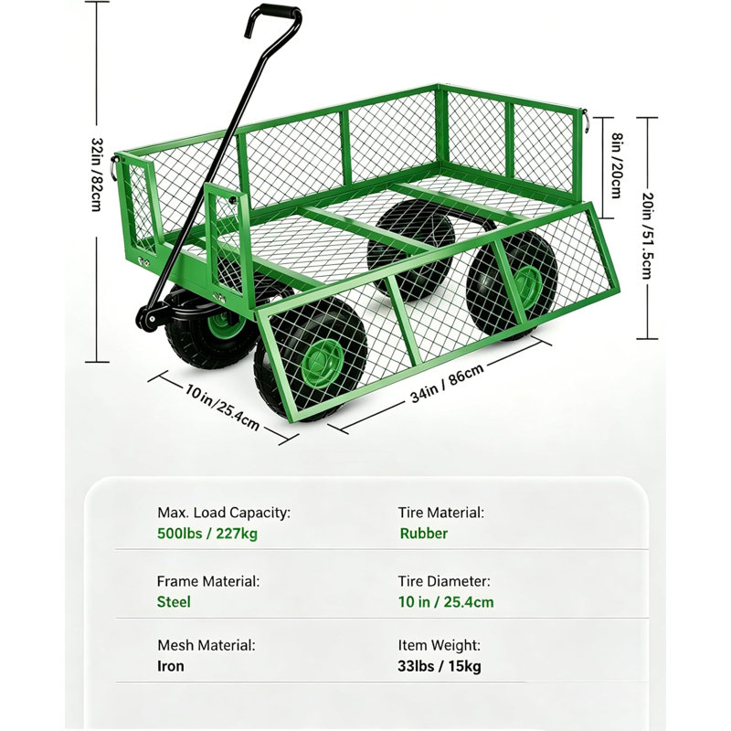 Chariot de jardin robuste, chariot en acier avec capacité de 1400 lb, roues tout-terrain de 13 po, poignée rotative, vert