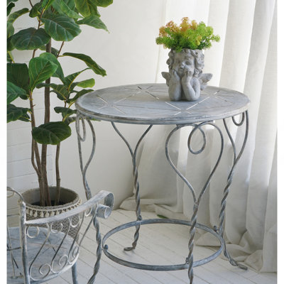 26X26x30" Heart Iron Round Side Table, Distressed Silver Finish, French Country Accent End Table With Twisted Legs